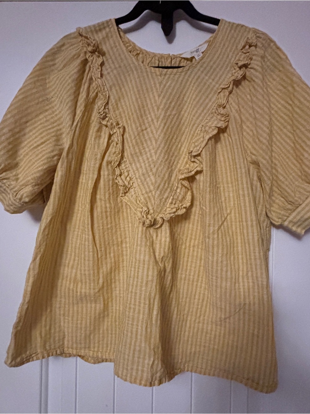 Terra & Sky Yellow Striped Ruffle V-Neck Blouse, 0X